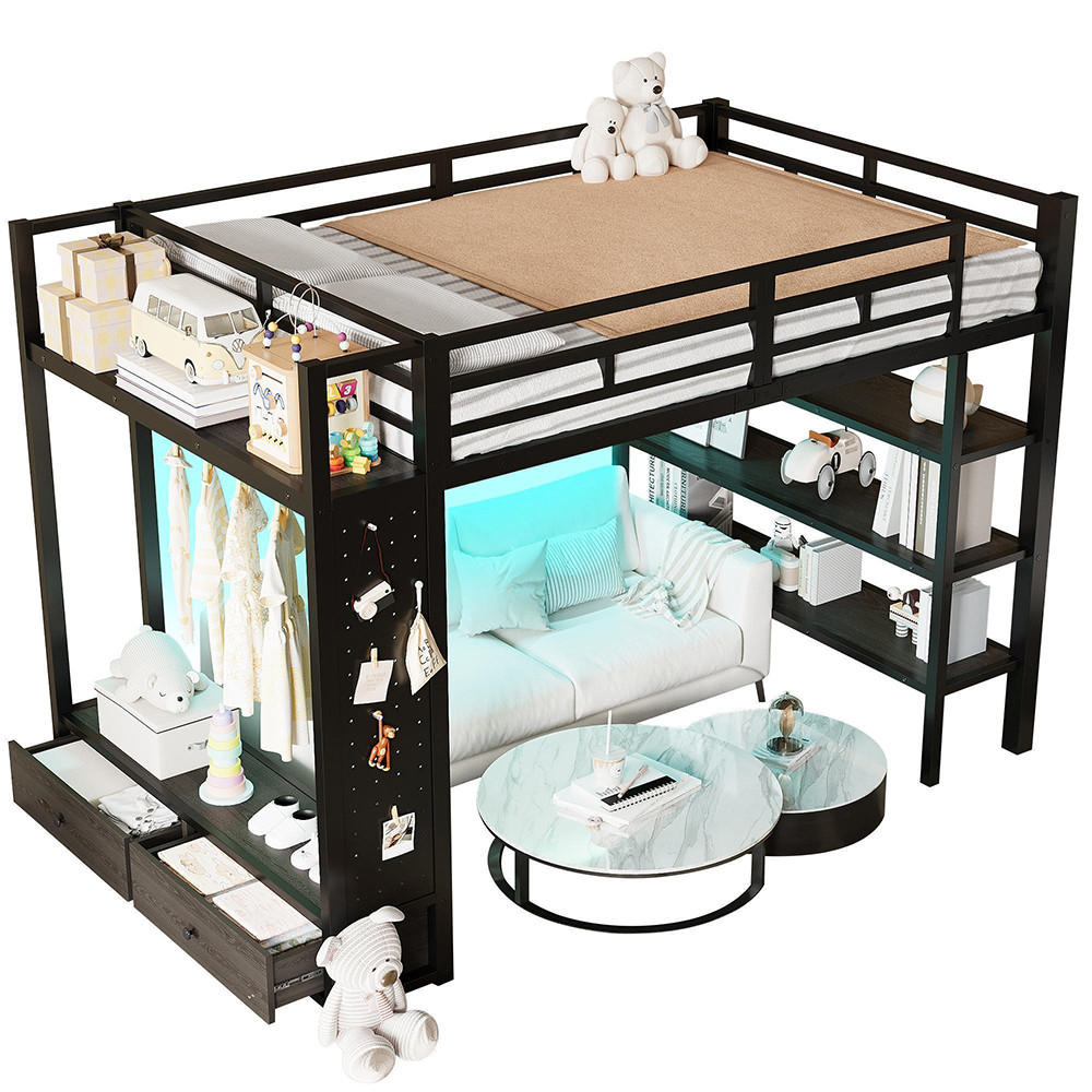HOCHBETT 140x200 cm mit offenem Kleiderschrank, Lochwand und LED-Beleuchtung, schwarz - Schwarz, Metall (140/200cm) - KOMHTOM