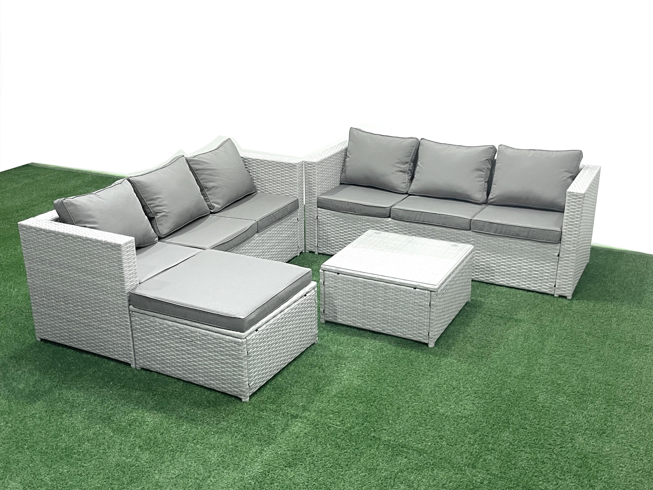 GARTENMÖBEL-SET mit Kissen Polyrattan Hellgrau-Mix 7-Sitzer - Hellgrau/Grau, Glas/Kunststoff - Fimous