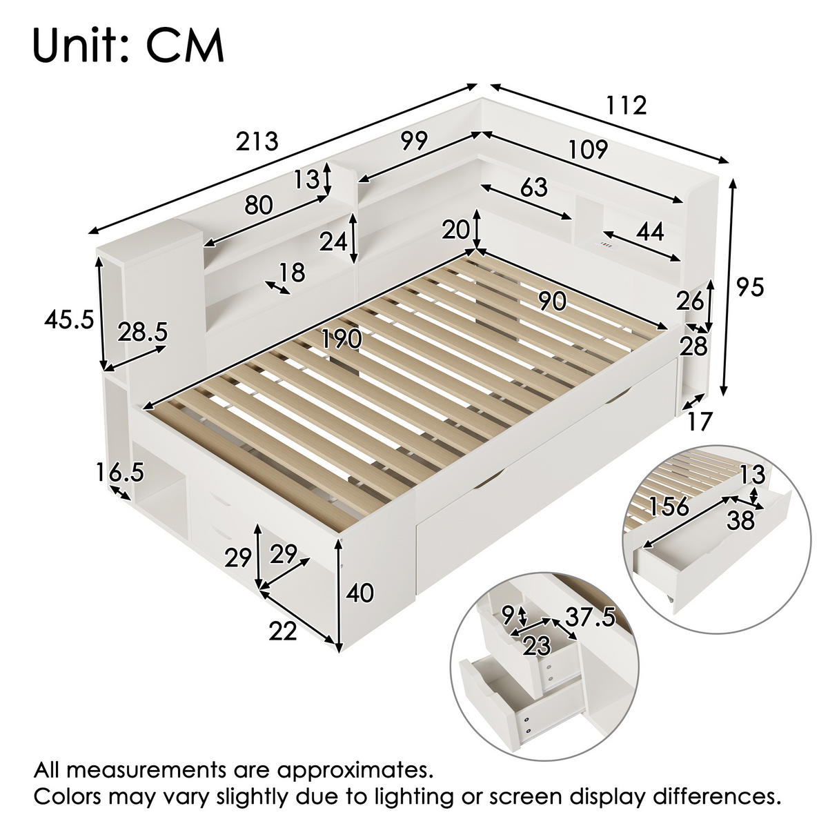 POLSTERBETT 90x190 cm in Weiß mit LED & USB-C Ladestation - Weiß, Holzwerkstoff (90/190cm) - Modfu