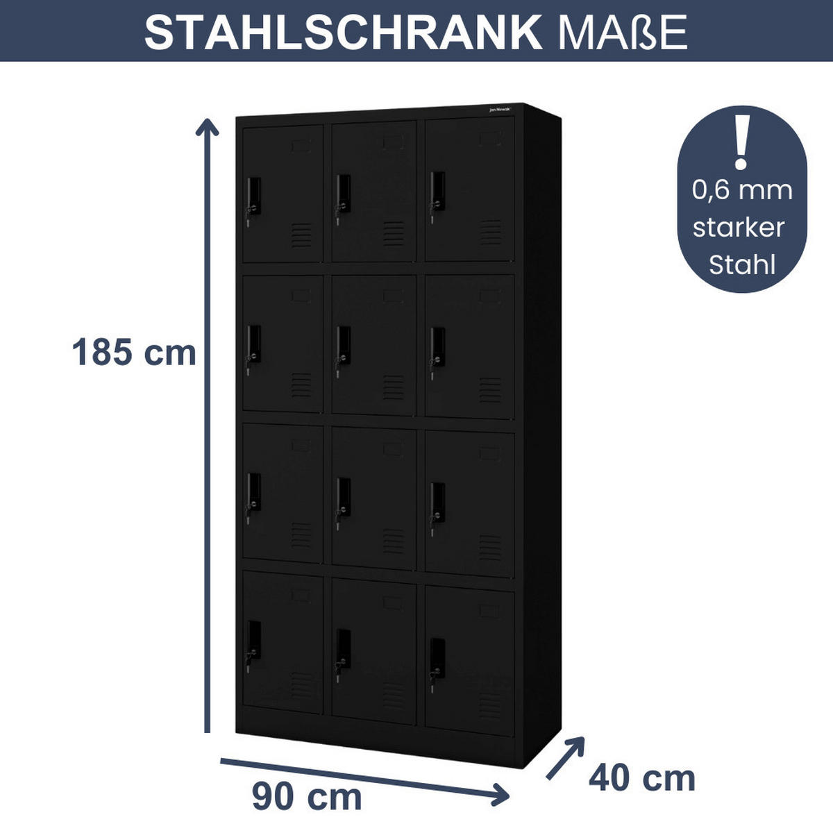 SCHLIESSFACHSCHRANK Spind BERN 12 Fächer185x90x40cm Schwarz - Schwarz, Metall (90/185/40cm) - DELUKE