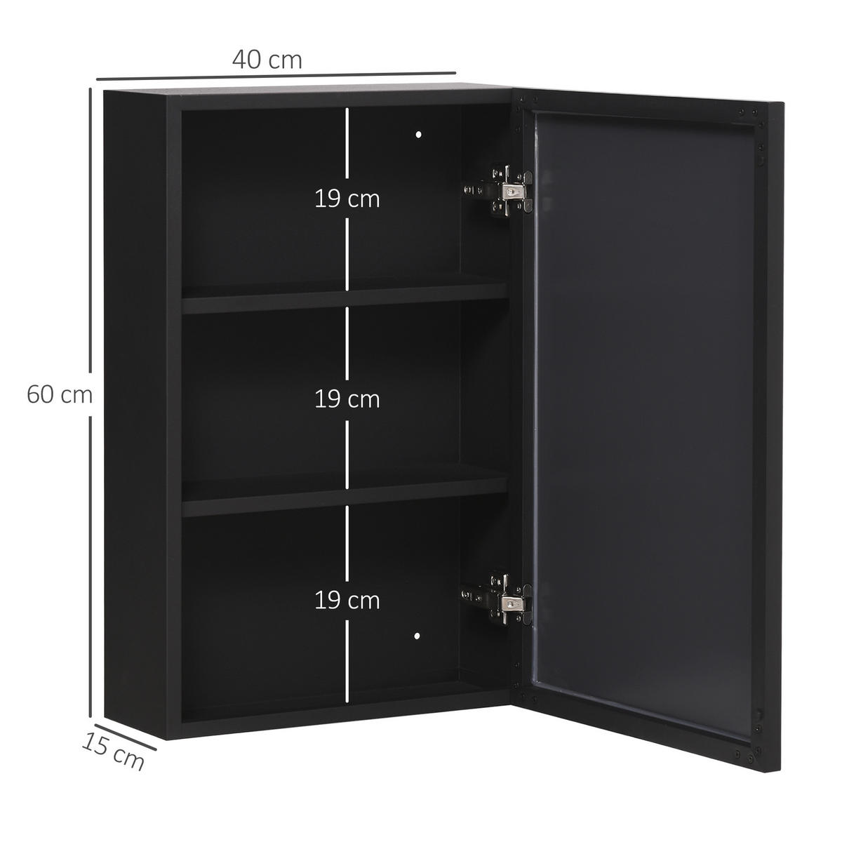 SPIEGELSCHRANK mit 3 Schichten, für Badezimmer, Schlafzimmer, Edelstahl, Schwarz - Schwarz, Glas (15/60/40cm) - Kleankin