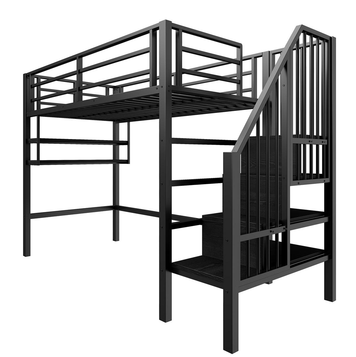 HOCHBETT 90/200 cm, Schwarz mit Stauraumleiter und Einlegeböden ohne Matratze - Schwarz, Metall (90/200cm) - MIVRAY