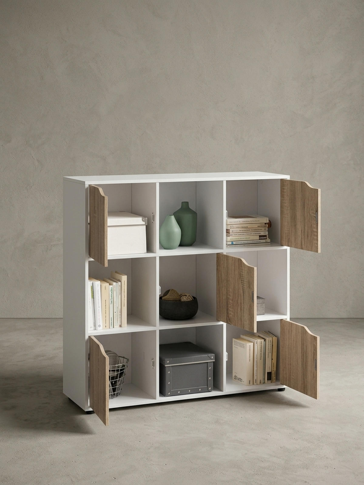 REGAL – Weiß/Sonoma, 89x91x29 cm, 9 Fächer, für Bücher und Deko - Schwarz/Weiß, Holz (89/91/29cm) - KADIMA DESIGN