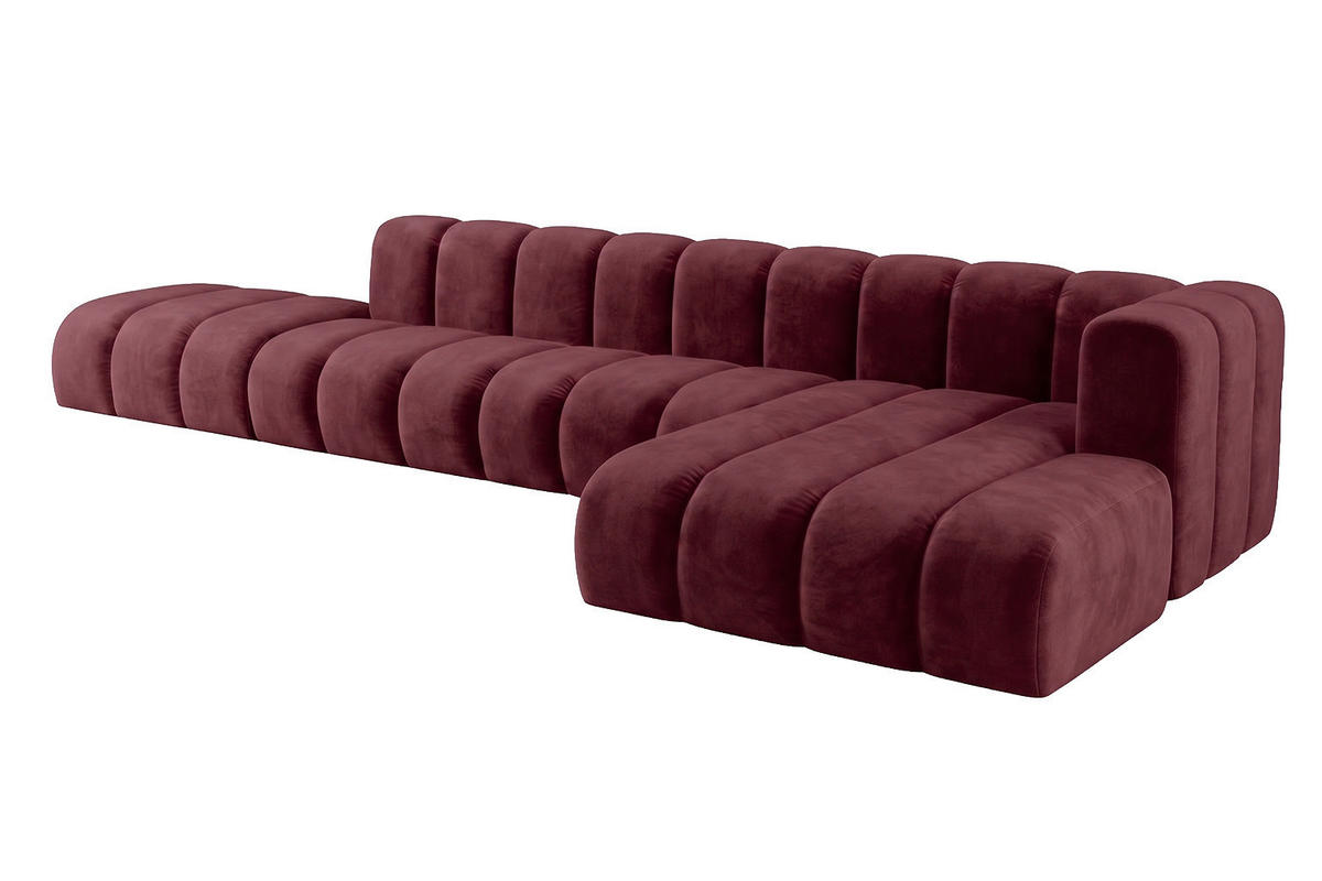 ECKSOFA Modulares In L-Form Mit Hocker, Velvet-Stoff Riviera, Rotwein, Rechts, GRAND - Dunkelrot, Holz (386/179cm) - Kaiser Möbel