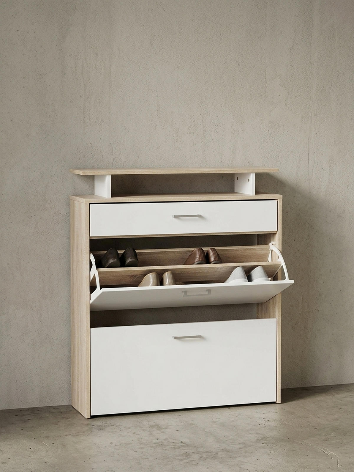 SCHUHKIPPER – Sonoma Eiche, 4 Fächer, großzügige Ablage, MDF-Holz - Beige, Holz (80/95/24cm) - KADIMA DESIGN