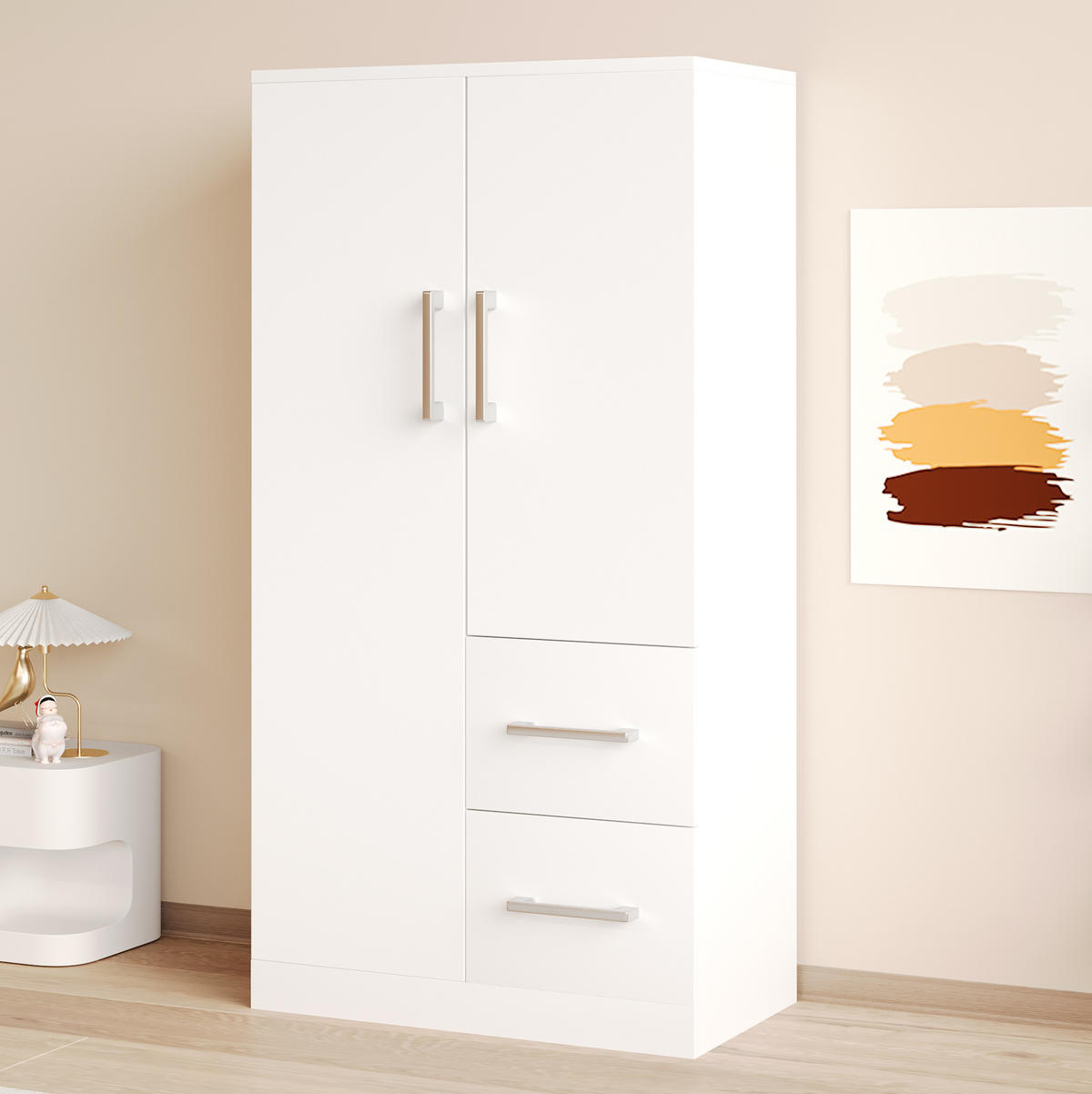 OMARA za oblačila 70/40/135 cm z dvojnimi vrati in predali za prostorno shranjevanje, Bela - bela, les (70/135/40cm) - Redom