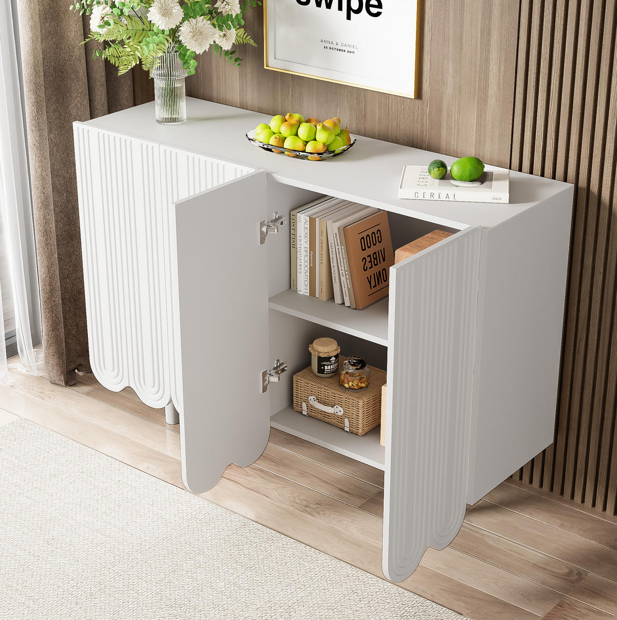 SIDEBOARD 4-türig aus weißem MDF mit geschnitzten Tropfenfronten, gedämpfte Scharniere, 120/37,5/80,8 cm, Weiß - Weiß, Holzwerkstoff (120/37.5/80.8cm) - Redom