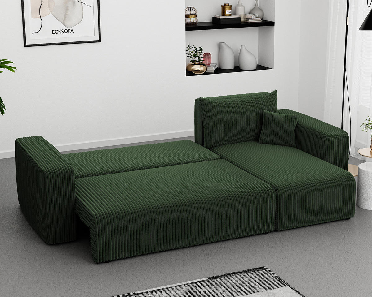 ECKSOFA Grün Cord-Stoff mit Bettkasten - Grün, Textil (248/145cm) - Idohome