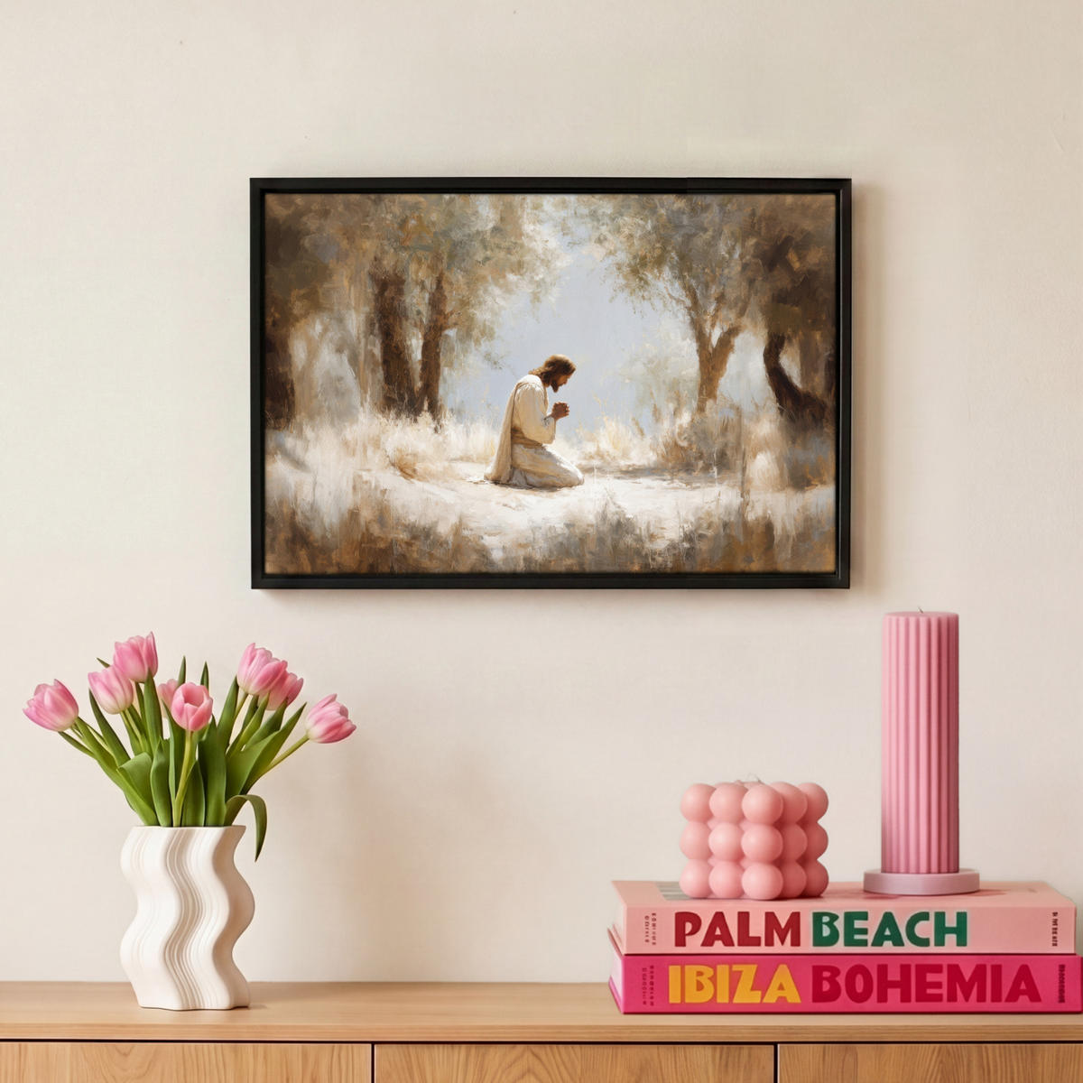 LEINWAND Bilder mit Rahmen - Jesus - Kniend - Waldlandschaft - Betend - 30x20 - Beige, Textil (30/20cm) - MuchoWow