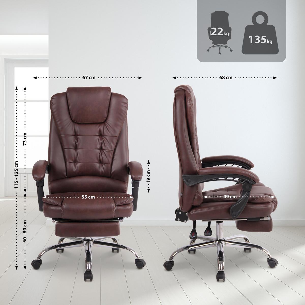 CHEFSESSEL Lederlook bordeauxrot - Chromfarben/Bordeaux, Textil/Metall (67/115/68cm) - CLP