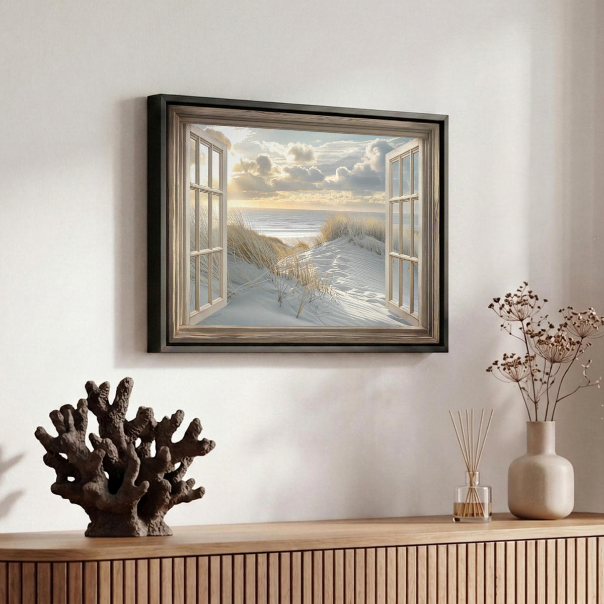 LEINWAND Bilder mit Rahmen - Ausblick - Strand - Dünen - Meer - Natur - 30x20 - Sandfarben, Textil (30/20cm) - MuchoWow