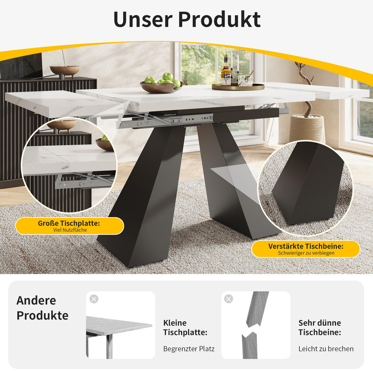 AUSZIEHBARER Esstisch, MDF in Marmoroptik mit Metallgestell, 99-159/74/77 cm, Weiß - Weiß, Holzwerkstoff (159/74/77cm) - Redom