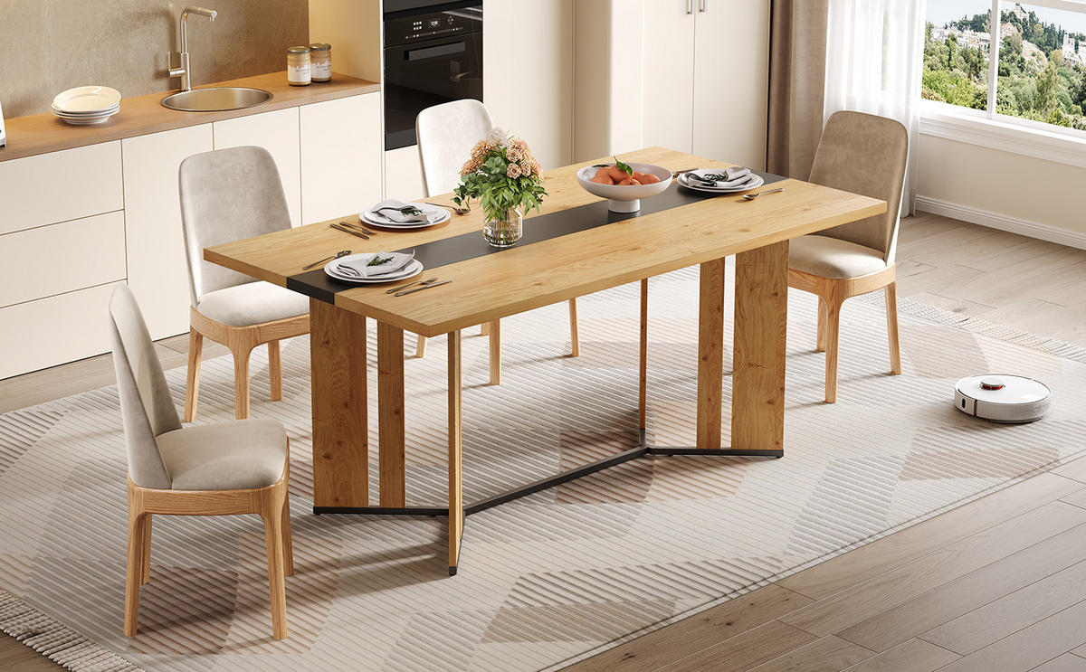 ESSTISCH 150x80x76 cm in skandinavischer Eiche aus MDF auf schwarzem Metallrahmen - Naturfarben, Holzwerkstoff (150/80/76cm) - Modfu