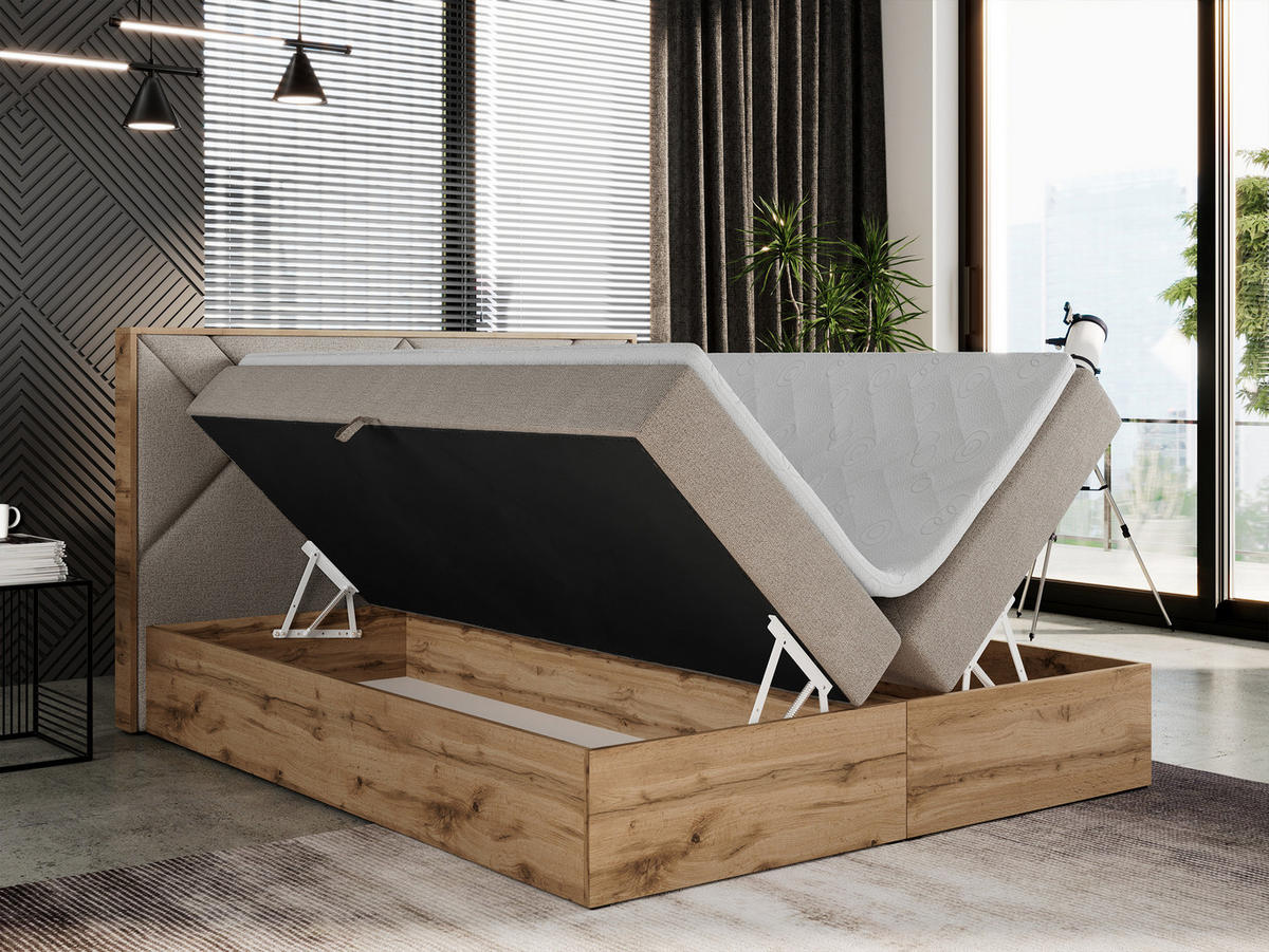 BOXBETT GUNAR - 160/200 Beige Struktur - H4 - Beige, Holz/Textil (160/200cm) - MKS