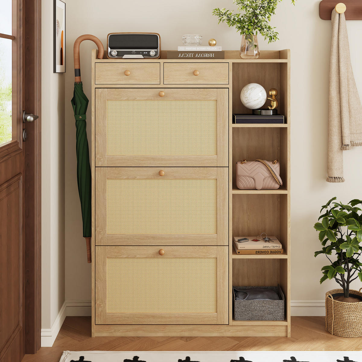 SCHUHSCHRANK 90x24x130cm Rattan mit 3 Klappen, 2 Schubl. - Naturfarben, Holzwerkstoff (90/130/24cm) - FLIEKS