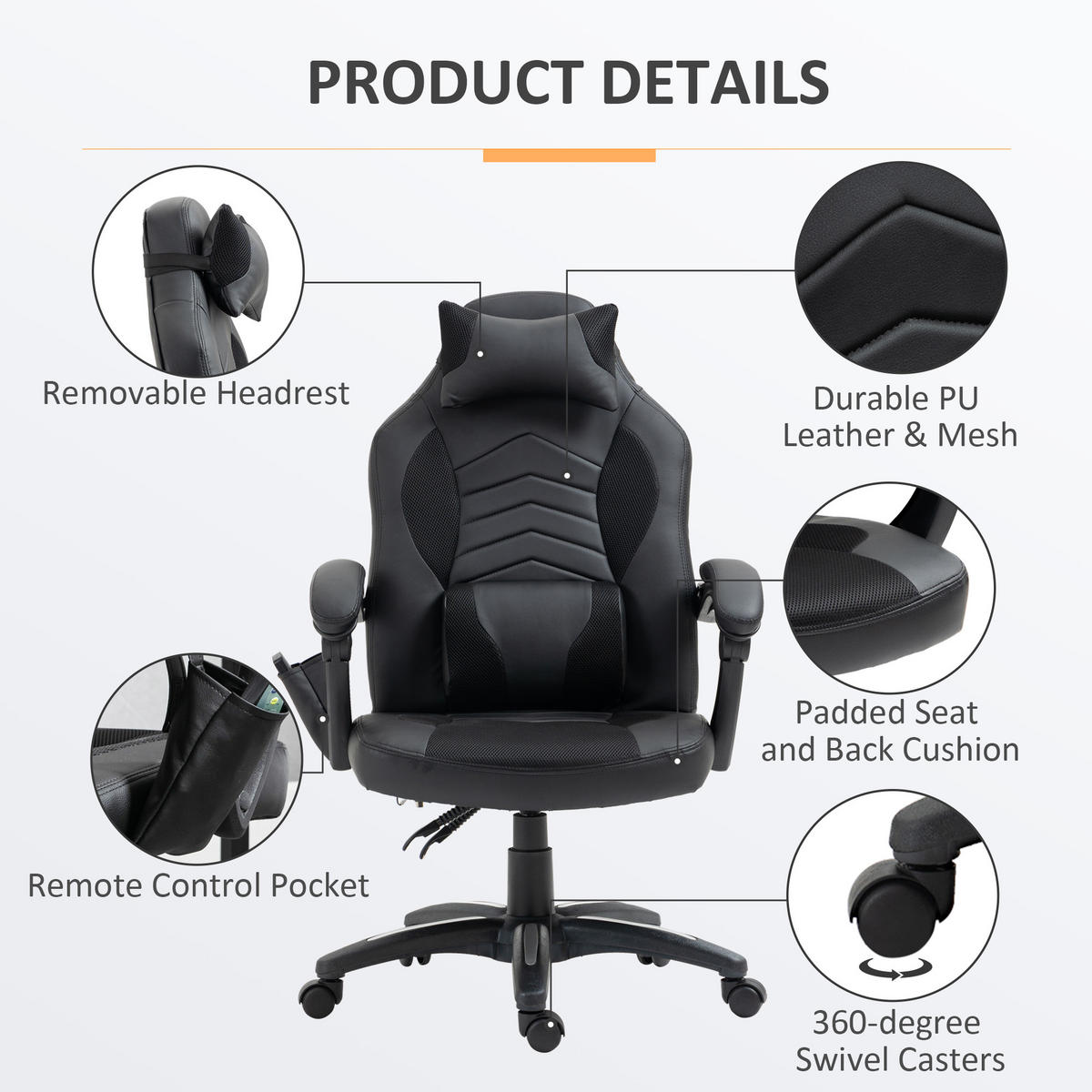 BÜROSTUHL Massagesessel, Schwarz - Schwarz, Leder (69/117/68cm) - HOMCOM