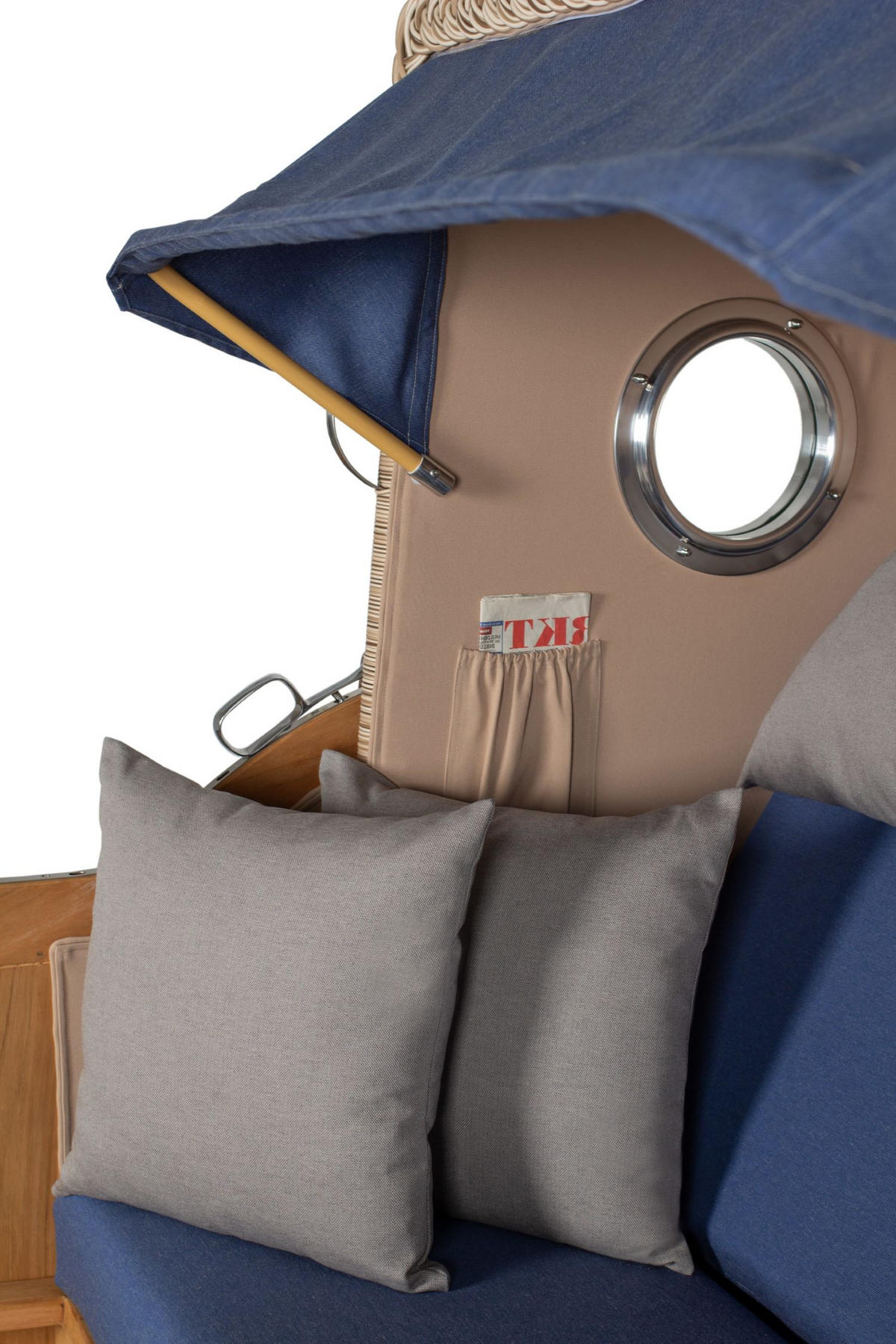 STRANDKORB Komplettset: Ammersee Grande XL Teak Bullauge - PE shell - Modell 595 - Blau/Grau, Holz/Kunststoff (142/165/95cm) - bene living