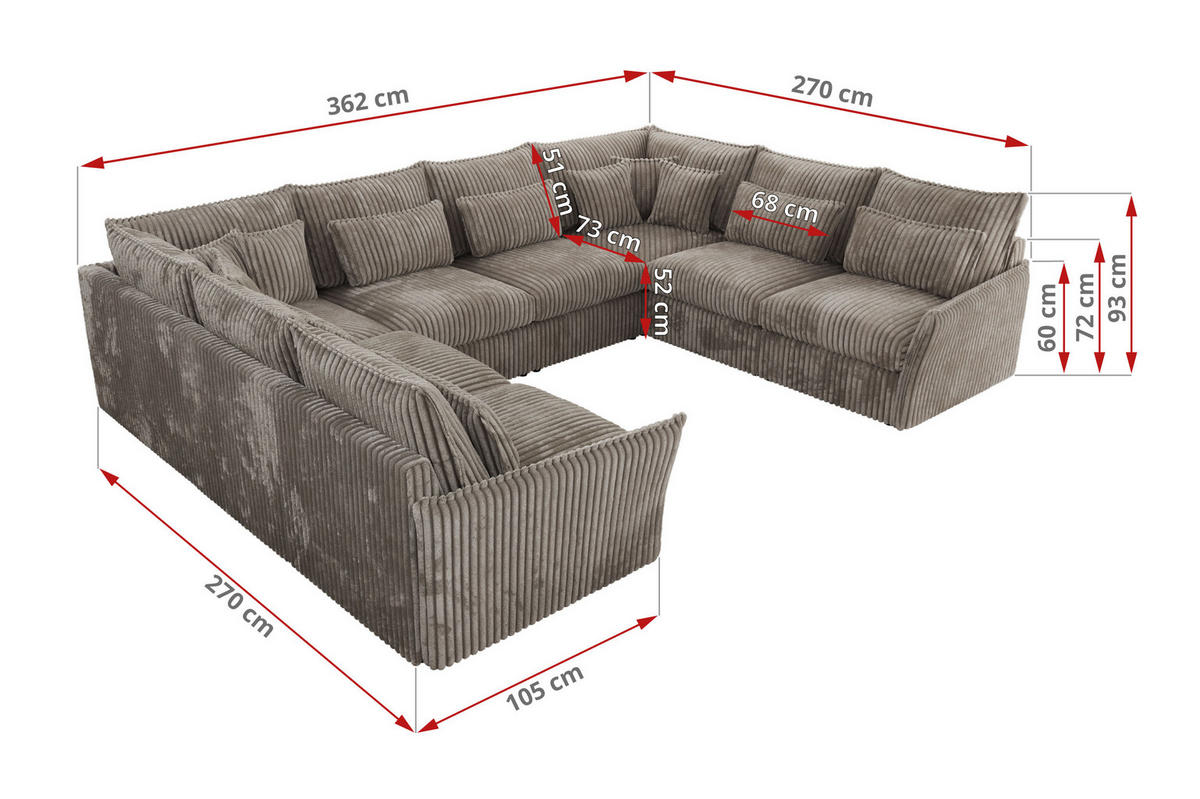 WOHNLANDSCHAFT VERSO U 8M Hellbraun Cord - Hellbraun/Schwarz, Kunststoff/Textil (362/93/270cm) - MKS