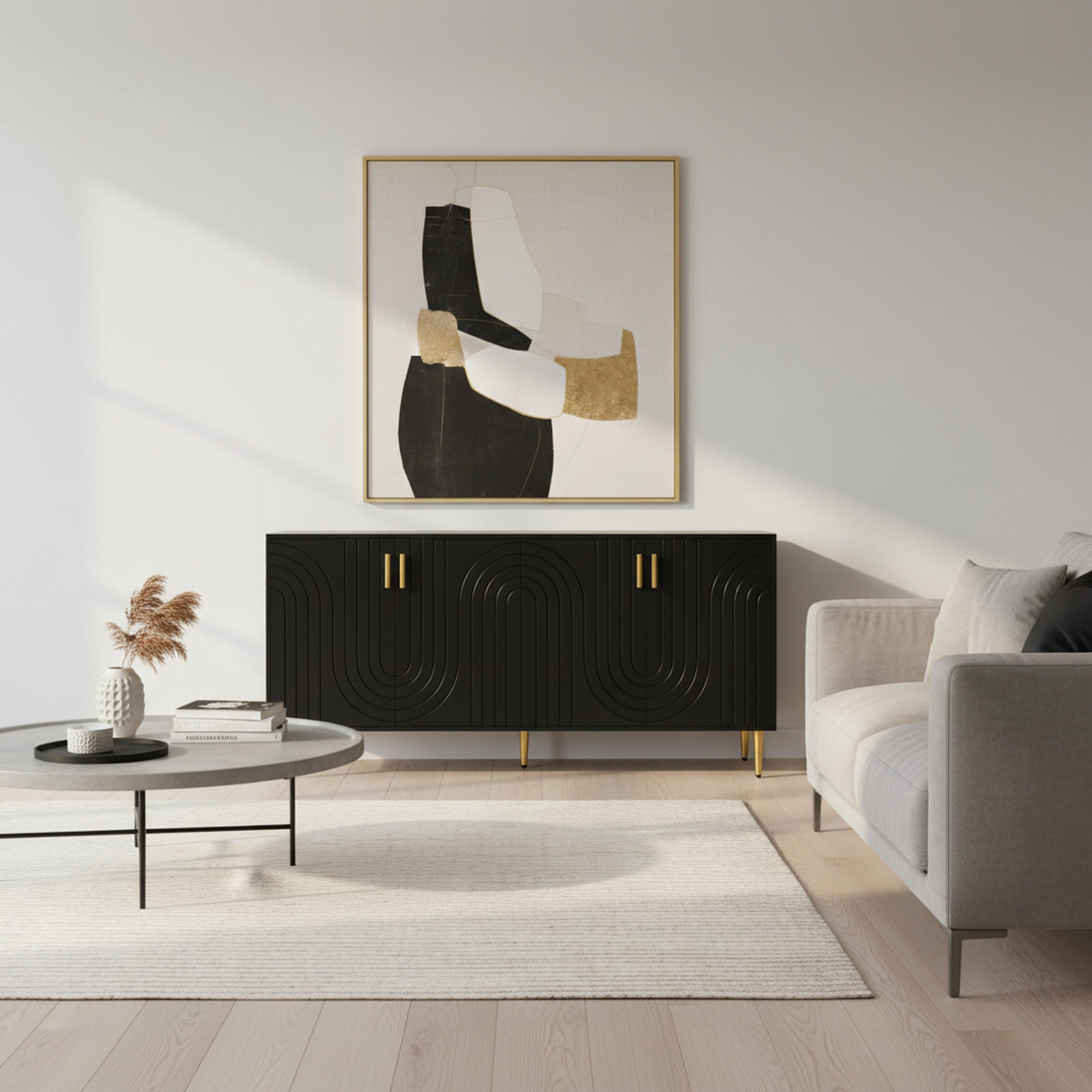 SIDEBOARD Wellenfront mit goldenen Griffen & Füßen Schwarzes - Schwarz, Holzwerkstoff (152/75/40cm) - Urban Meuble