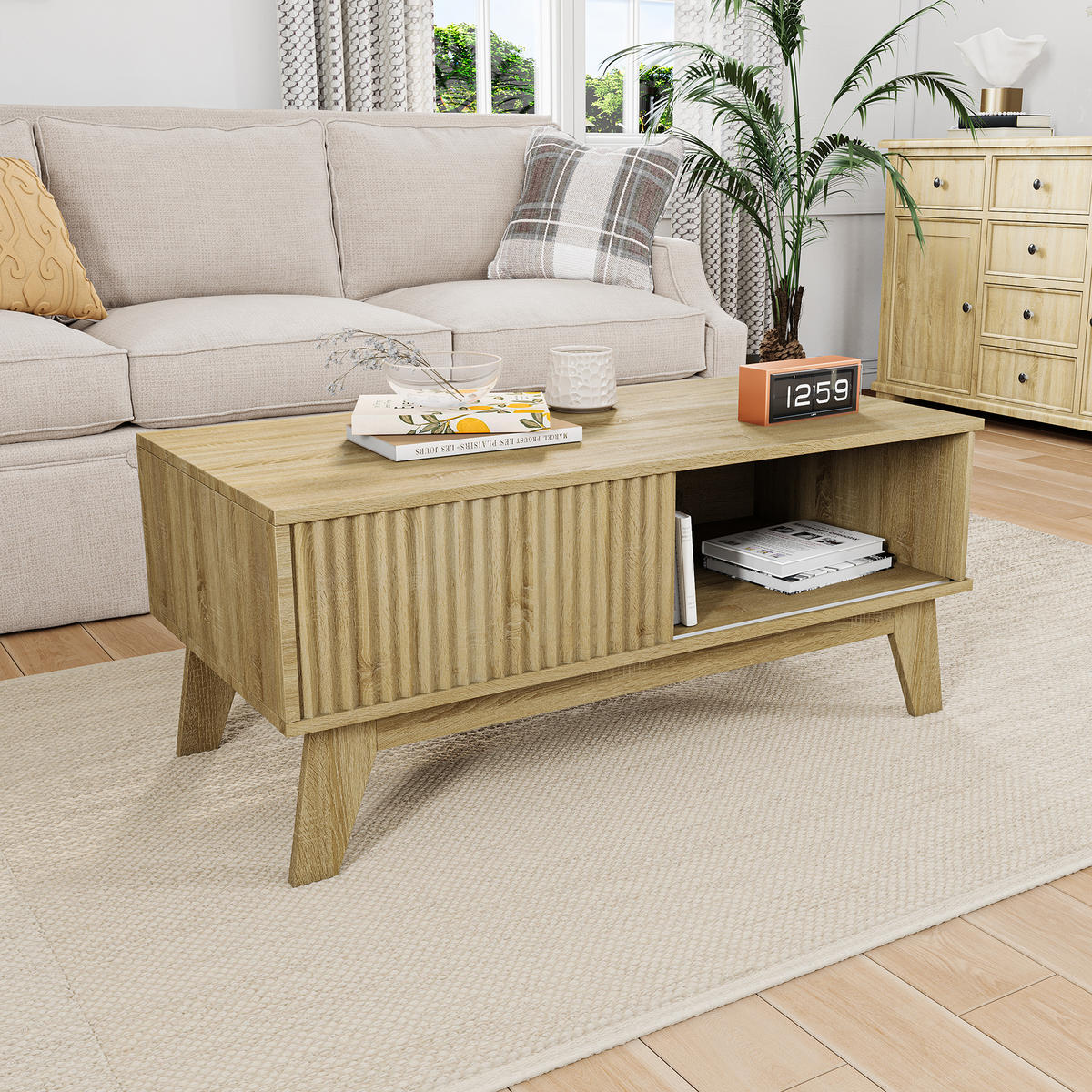 COUCHTISCH holzoptik mit schiebetür und offenem fach - Eichefarben, Holz (95/41/48cm) - SHOPENTRA
