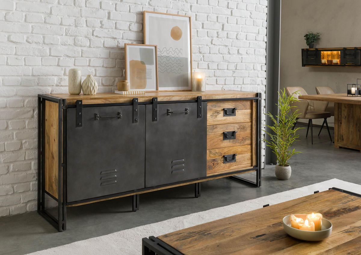 SIDEBOARD Mango 195x45x90 natur lackiert / Metall grau BLACKBURN #307 - Braun, Holz (195/90/45cm) - Massivmoebel24