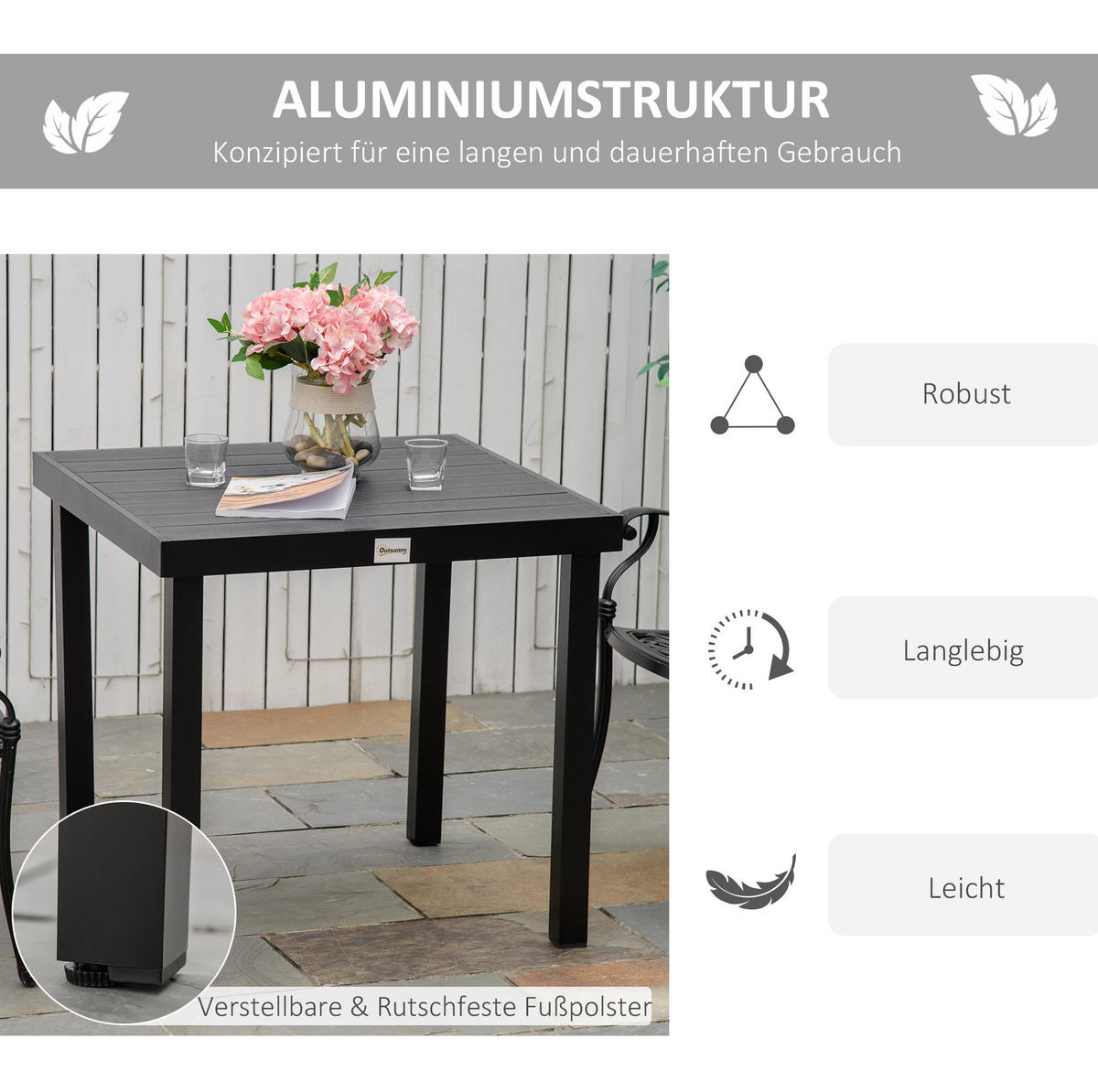 GARTENTISCH 78x78x74 cm Schwarze mit Holzoptik & Aluminiumrahmen - Naturfarben, Metall (78/78/74cm) - Modfu