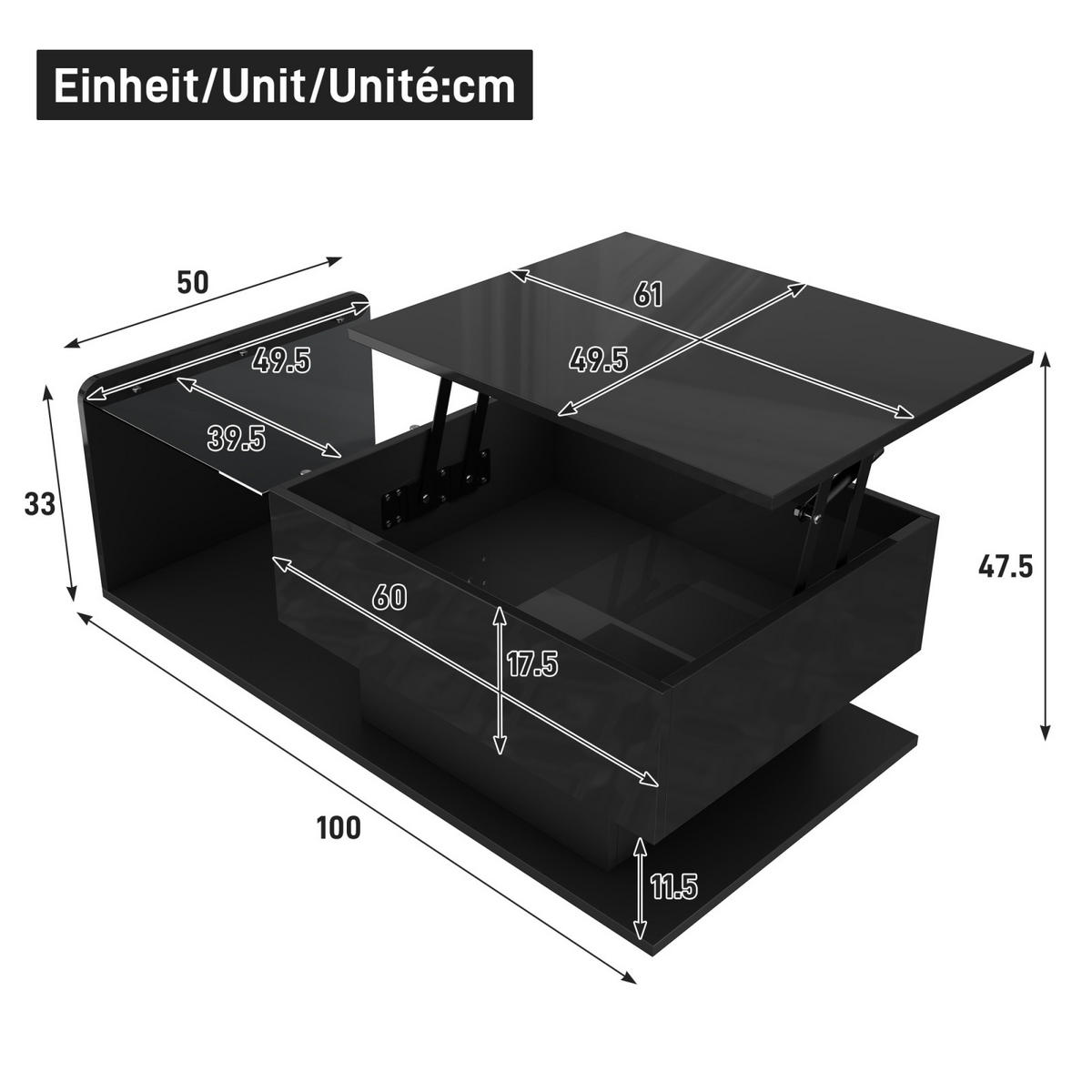 COUCHTISCH Schwarz Hochglanz mit LED, Glasplatte und Schublade - Schwarz, Metall (100/50/47cm)