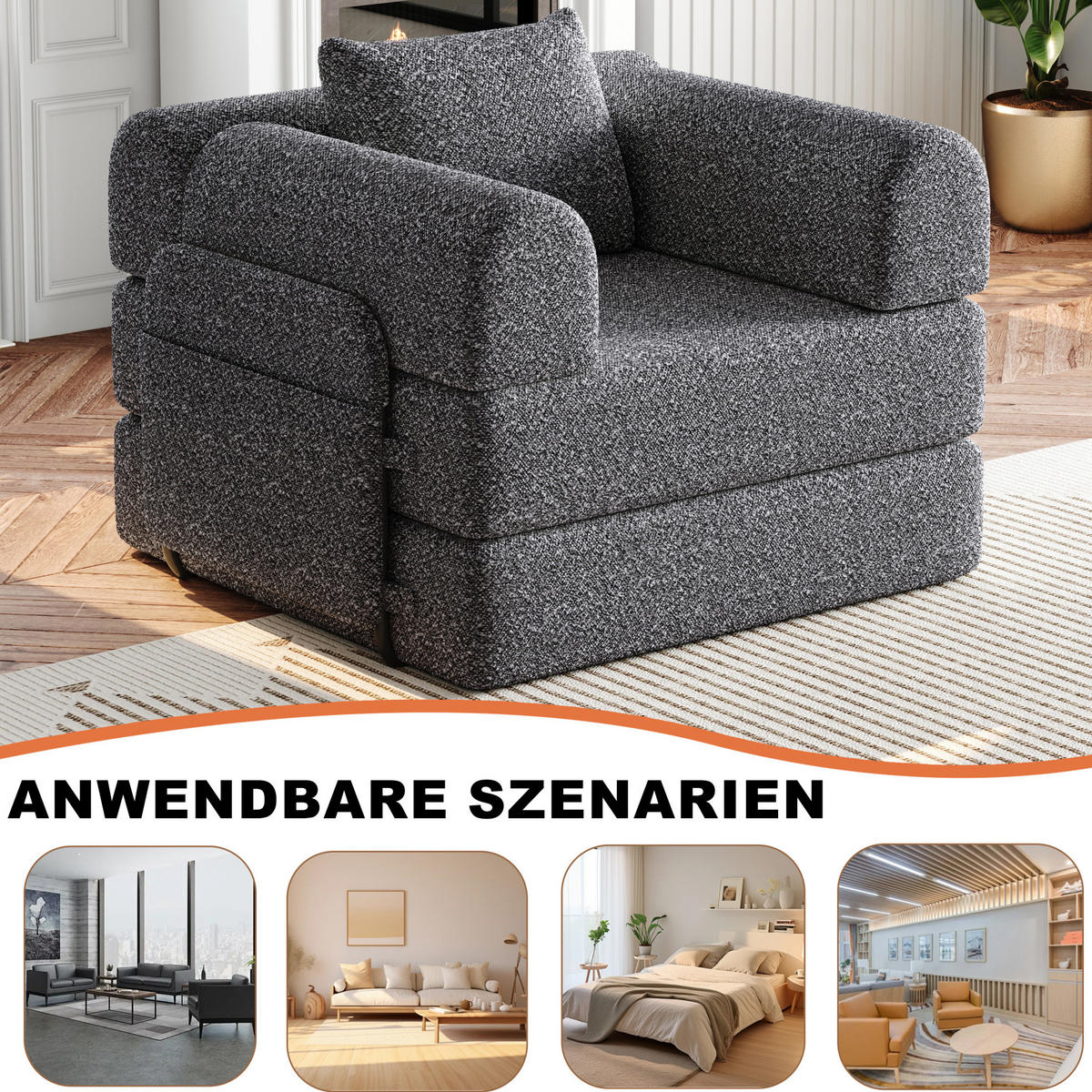 SCHLAFSOFA aus Chenille Grau mit Armlehnen-Ablagefach, Stahlrahmen und rutschfester Unterlage - Grau, Textil (94/49.5/181.6cm) - Modfu