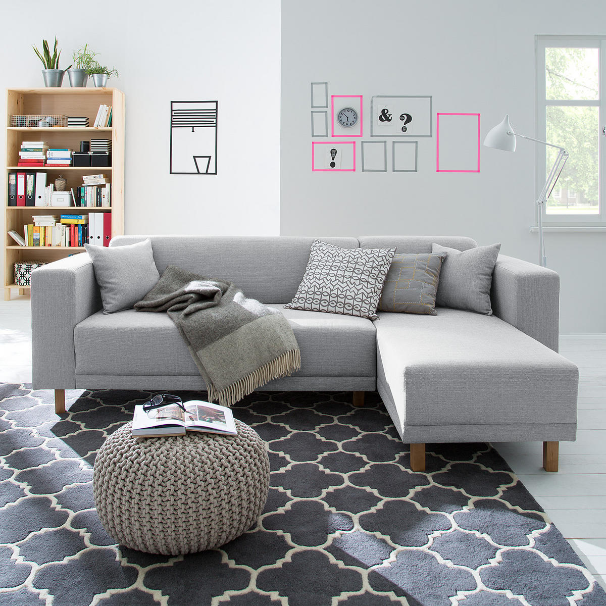 ECKSOFA mit Longchair - Webstoff - Silberfarben, Textil (240/140cm) - home24