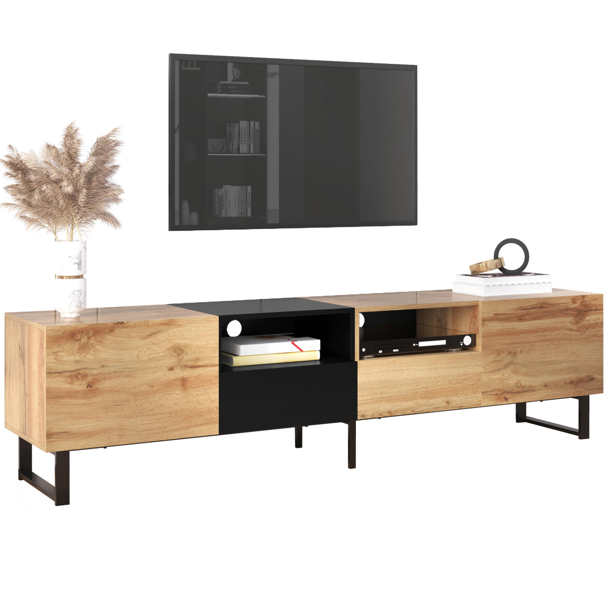 Modfu TV stolek z MDF 190x38x48 cm černá/přírodní dřevo se 2 dvířky a 2 zásuvkami, s velkým úložným prostorem