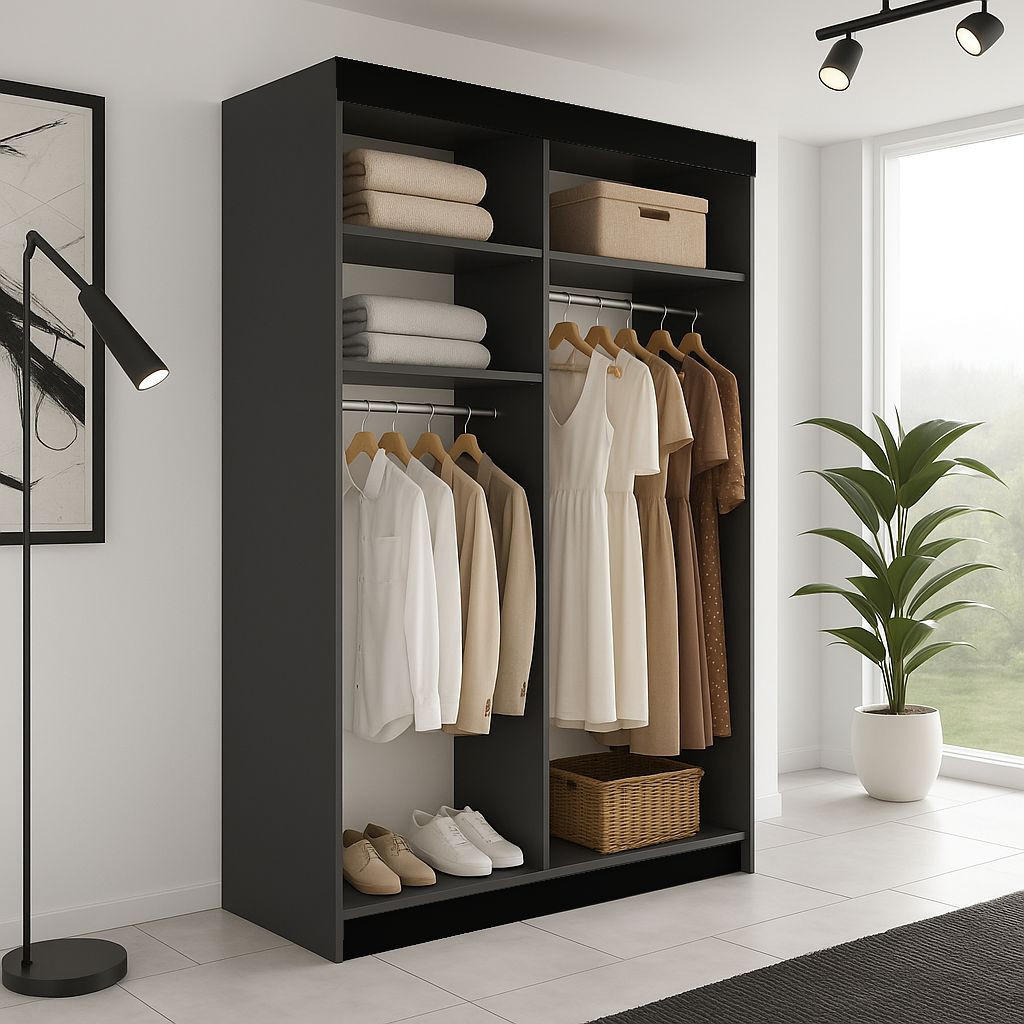 Thumbnail - Kier Furniture Schiebetürenschrank, Weiß, Dunkelbraun, Holzwerkstoff, 167x205x59 cm, Schlafzimmer, Kleiderschränke, Schw...