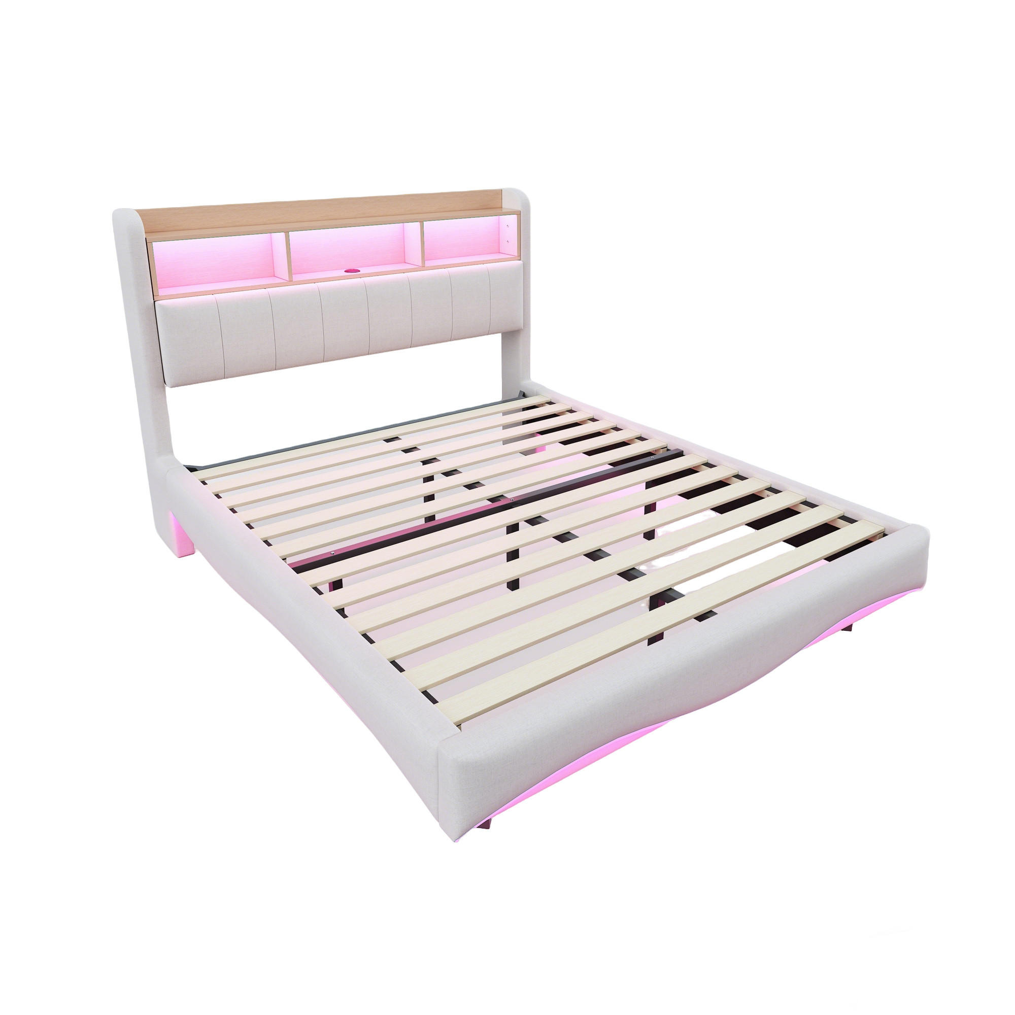 POLSTERBETT 140/200 cm DE-01945, in Beige, mit Schwebedesign, LED und USB-C - Beige, Metall (140/200cm) - ComfortXL