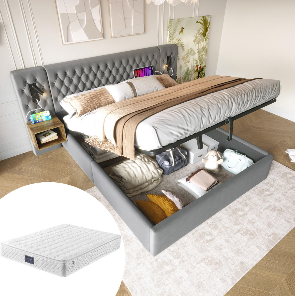 POLNJENA postelja iz žameta 160x200 cm siva z 2 nočnima omaricama, LED bralno lučko, USB in Type-C polnjenjem ter hidravličnim predalom - siva, tekstil (160/200cm) - Modfu