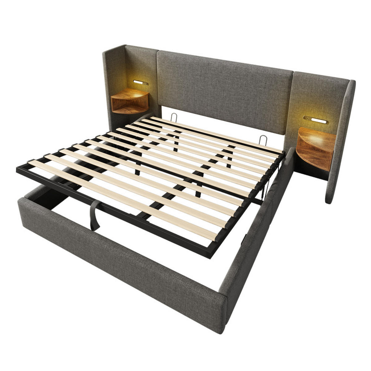 POLSTERBETT 180x200cm Doppelbett mit Nachttisch Leselampe & USB-C Grau - Grau, Holz - FLIEKS