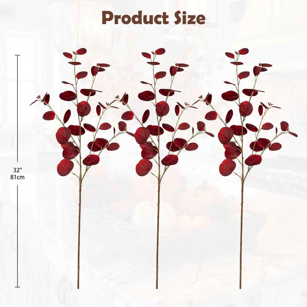 KUNSTPFLANZE Eukalyptuszweig 3er Set Dunkelrot 81 cm - Bordeaux, Kunststoff (81cm)