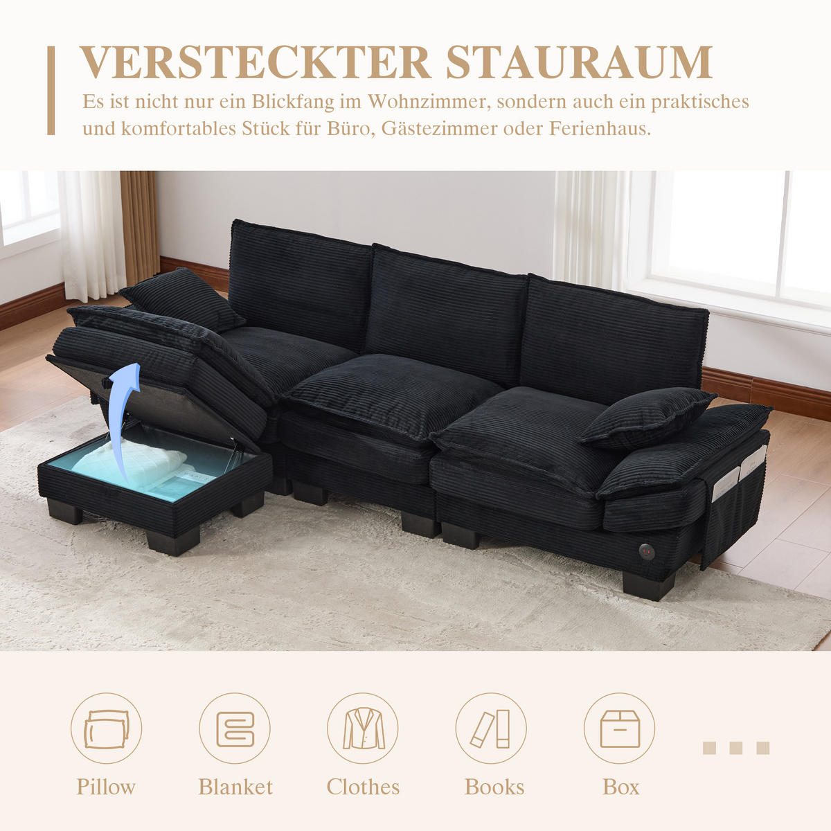 3-SITZER SOFA Cord Schwarz mit Hocker, USB-C und Seitentaschen - Schwarz, Holzwerkstoff/Kunststoff (260/132cm) - WISHDOR