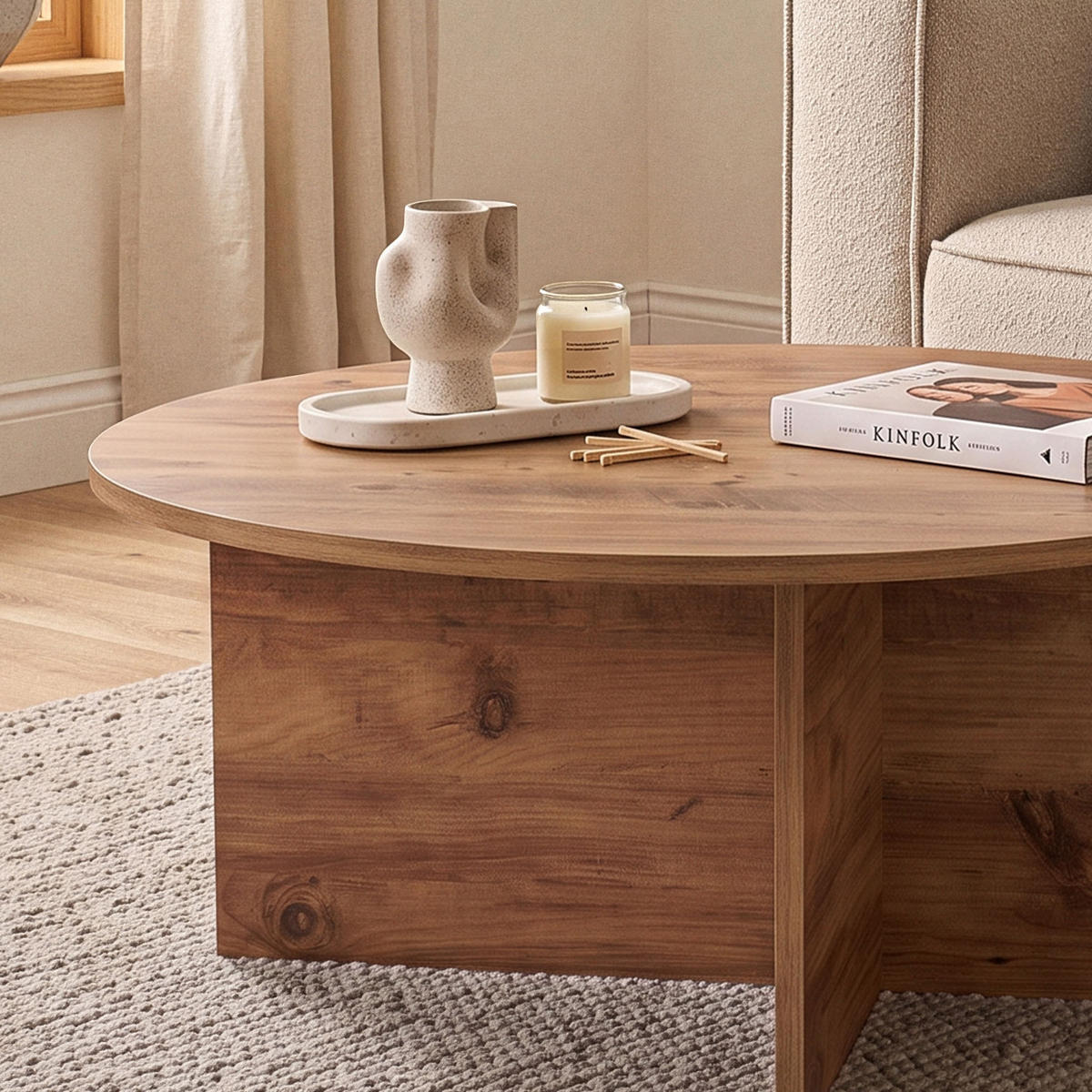 COUCHTISCH mit abgerundeter Platte - soleil 90/90/40 cm - Kieferfarben, Holzwerkstoff (95/90/40cm) - Calicosy