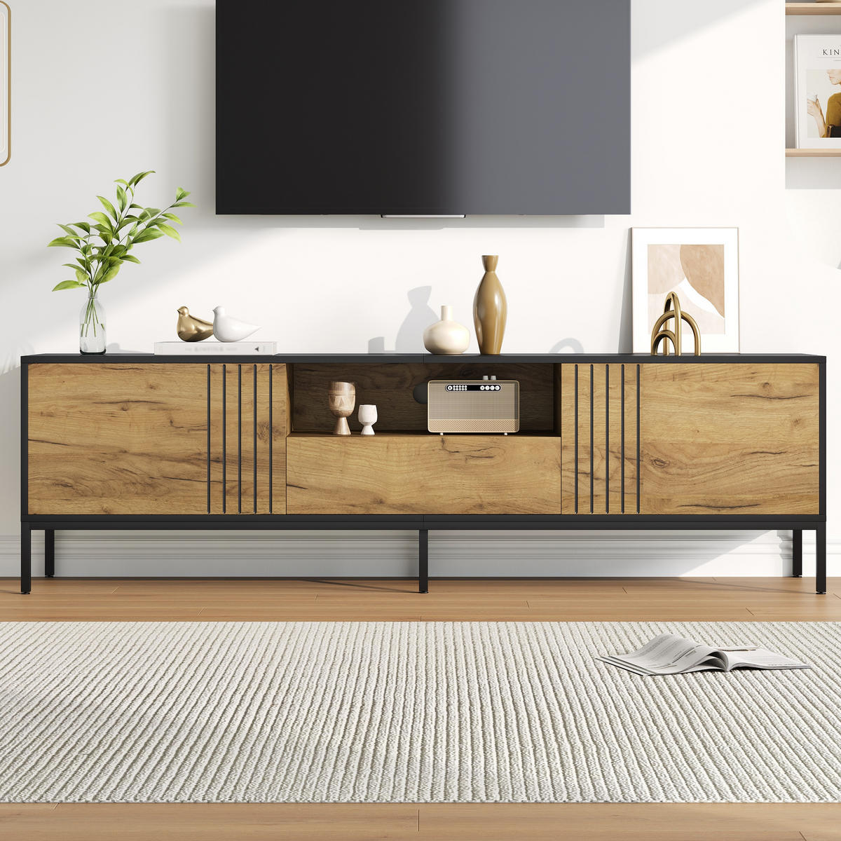 LOWBOARD in Naturfarben mit 2 Schränken & Schublade , für TVs bis 70 Zoll, B170/T35/H50cm - Schwarz/Naturfarben, Holzwerkstoff/Metall (170/50/35cm) - STILVORA