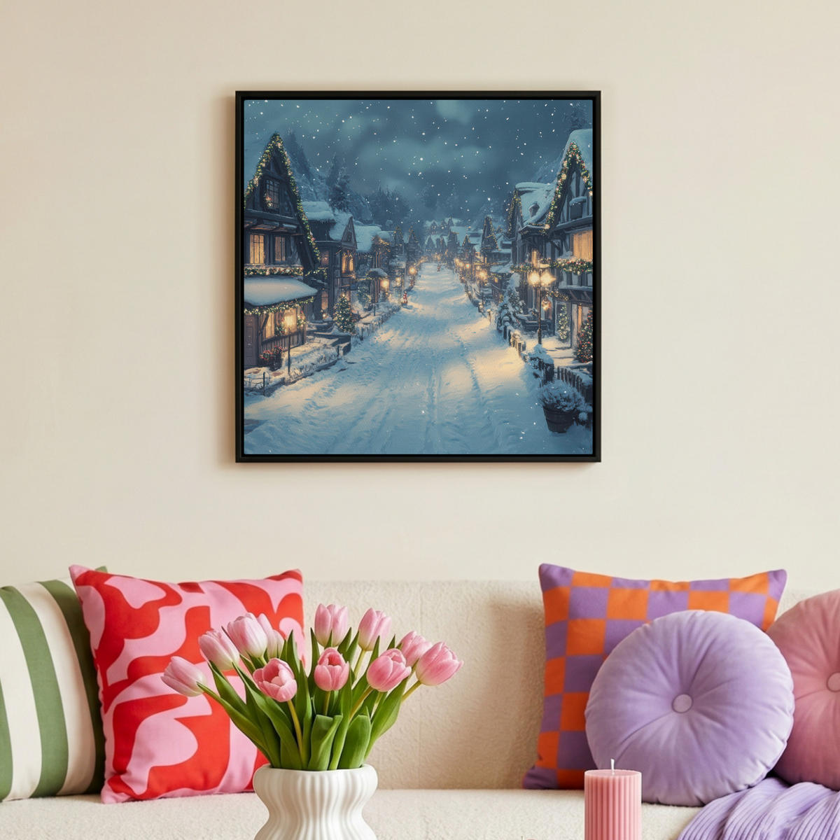 LEINWAND Bilder mit Rahmen - Weihnachtsdorf - Weihnachten - Schnee - Winter - 50x50 - Dunkelblau, Textil (50/50cm) - MuchoWow