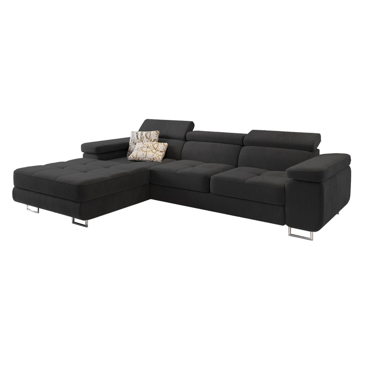 ECKSOFA ELMA L-S Schwarz Velours-Stoff mit Schlaffunktion - Schwarz, Holz (280/205cm) - MASSENO