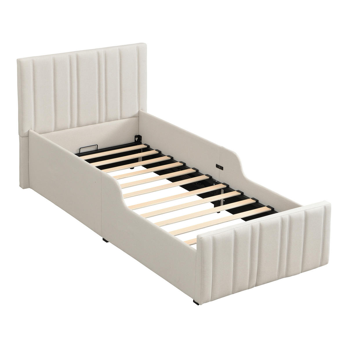 KINDERBETT Beige Leinen 90x200 Hydraulik Stauraum Lattenrost - Beige, Naturmaterialien (90/200cm) - FLIEKS
