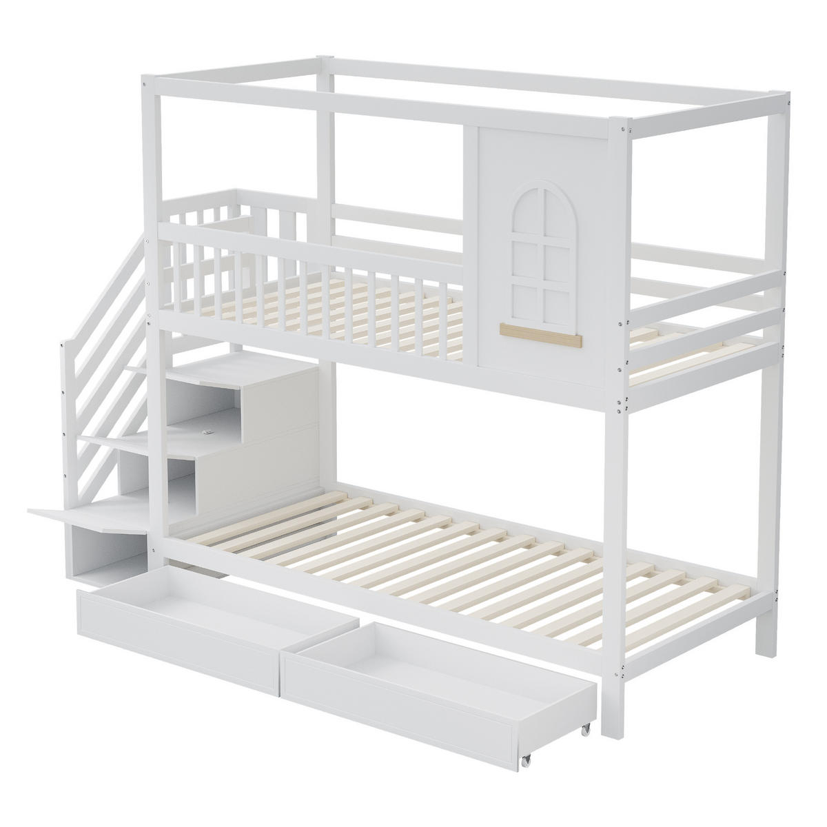 ETAGENBETT 90/200 cm Weiß mit Sicherheitszaun und Stauraum - Weiß, Holz (90/200cm) - OKWISH