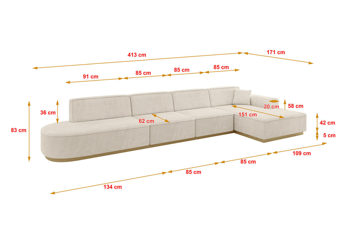 ECKSOFA Ottomane Rechts IREA-L3-v2 - 413x171x83 cm Beige - Beige, Holzwerkstoff/Textil (171/413cm) - ALTDECOR