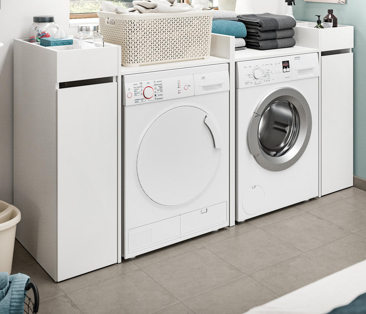 WASCHMASCHINENUMBAU weiß Set 4-teilig, Überbauschränke und Anstellregale - Schwarz/Weiß, Holzwerkstoff/Kunststoff (190/101/60cm) - Inn.Furn