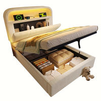 POLSTERBETT 90/200 cm mit LED-Beleuchtung, USB-/Type-C-Ladestation und Bettkasten, Samt und Matratze, Beige - Beige, Textil (90/200cm) - Redom
