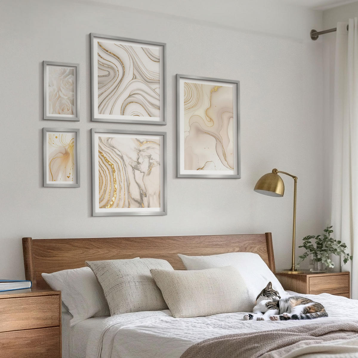 BILDER SET 5er Set - 50x50 cm & 20x30 cm & 40x60 cm Silberner Rahmen - Landschaften Natur Felder Sonne - Silberfarben, Kunststoff (40/60cm) - TULUP