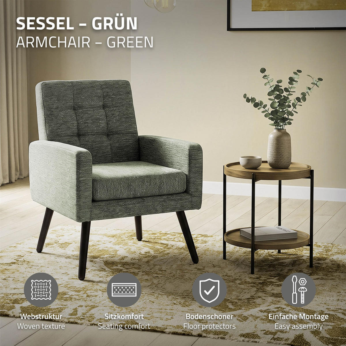 SESSEL mit Stahlbeinen und Webstruktur Relaxsessel 66,5x80x63,5 cm Grün - Schwarz/Grün, Textil/Metall (66.5/80/63.5cm) - ML-DESIGN