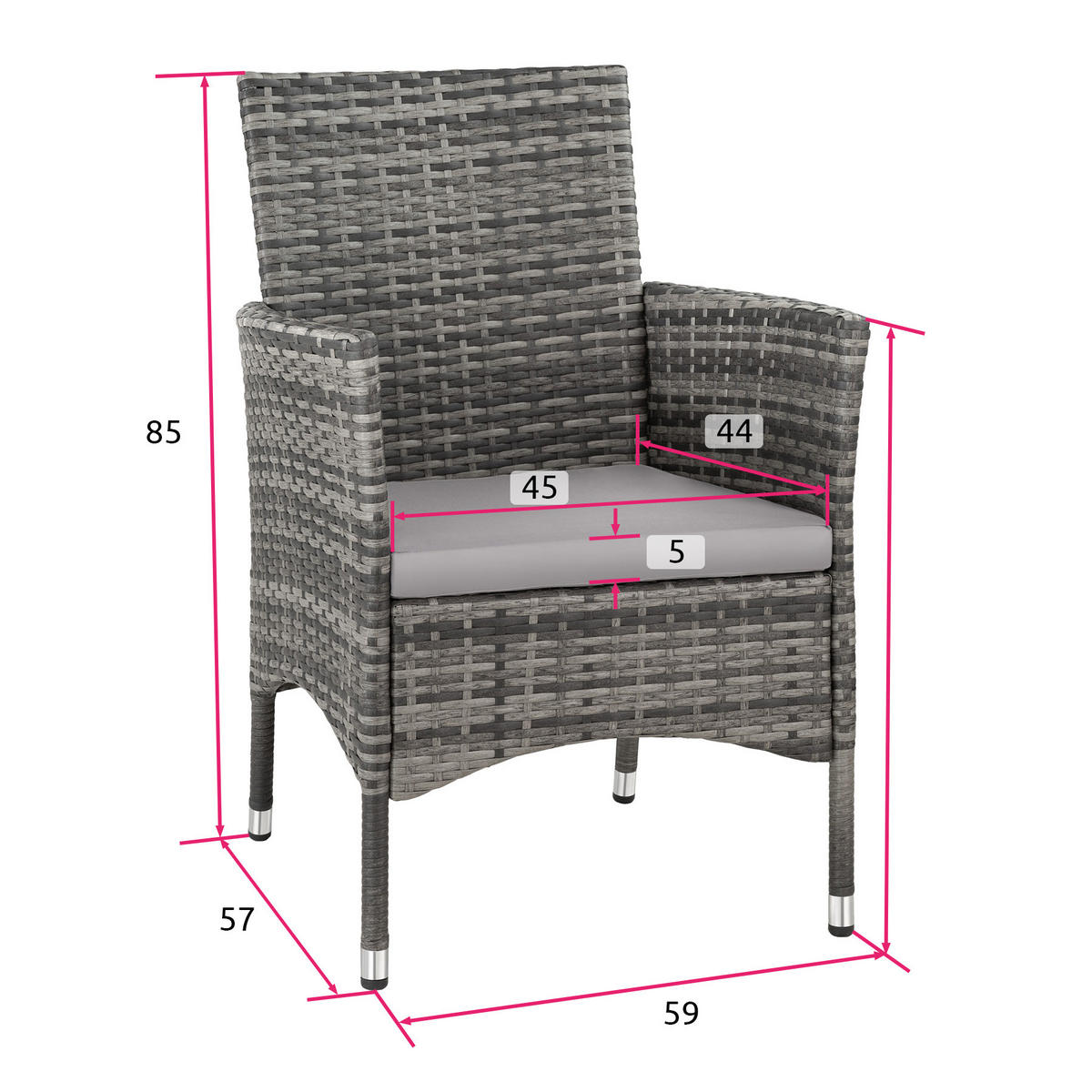 RATTANSTUHL 2er Set Nantes,59 x 57 x 85 cm,grau/hellgrau - Grau, Kunststoff (57/85/59cm) - tectake