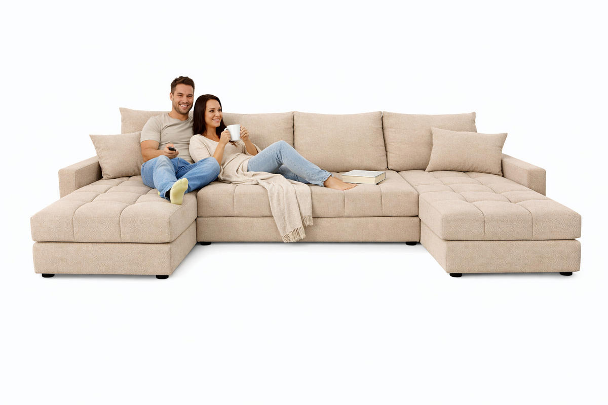WOHNLANDSCHAFT AURELIA – Ecksofa in U-Form mit Schlaffunktion, Bettkasten & Kissen Stoff KRONOS 287 cm Creme - Creme, Kunststoff (287/140cm) - Wohnideebilder
