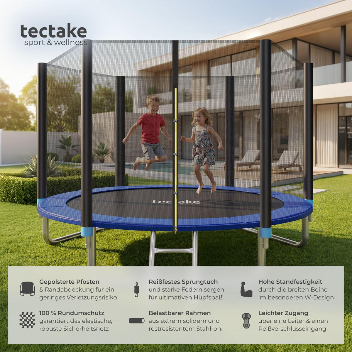 TRAMPOLIN Garfunky, inklusive Einstiegsleiter, schwarz/blau - Blau/Schwarz, Metall (305/256/305cm) - tectake